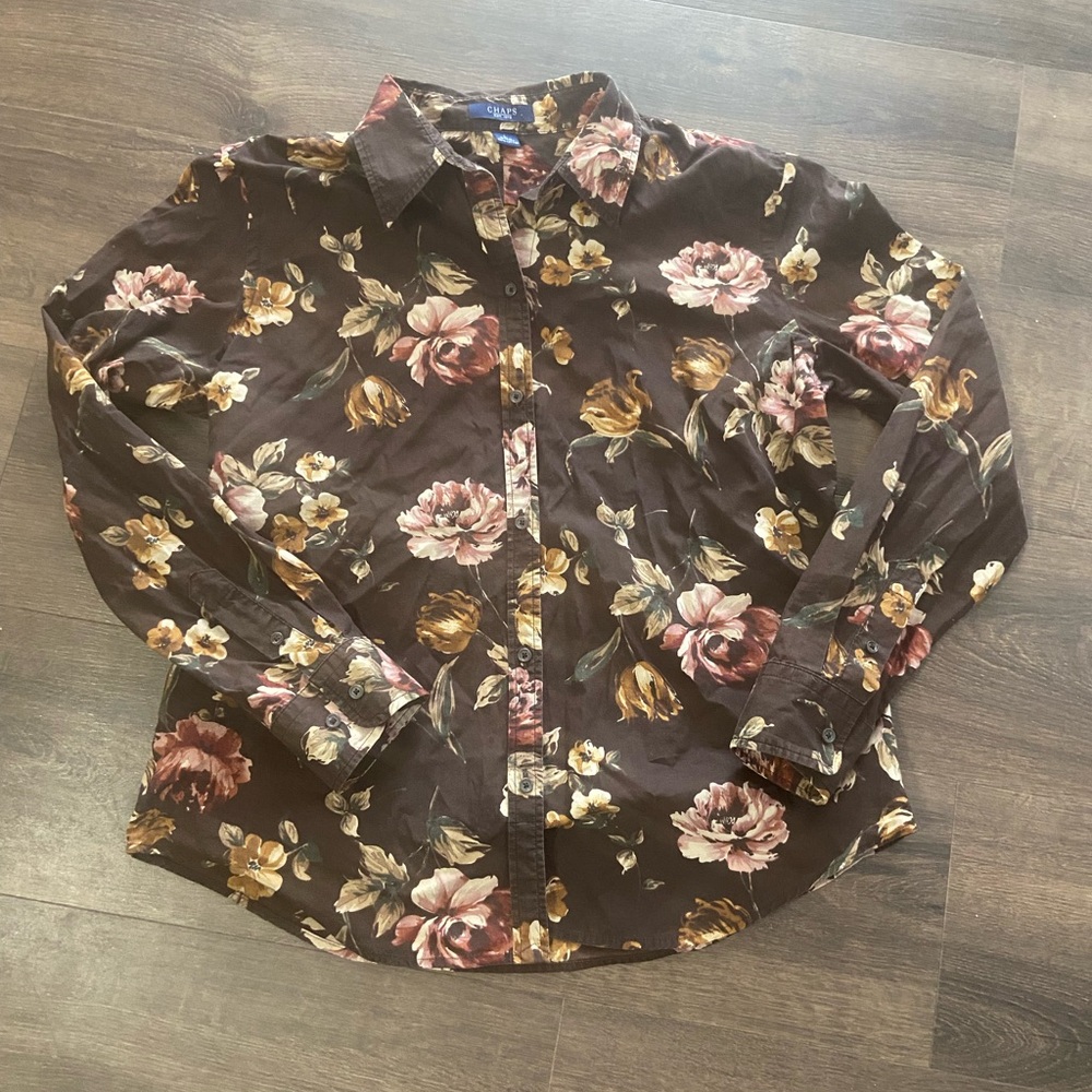 Chaps Floral Button Down Shirt - Brown and Pink